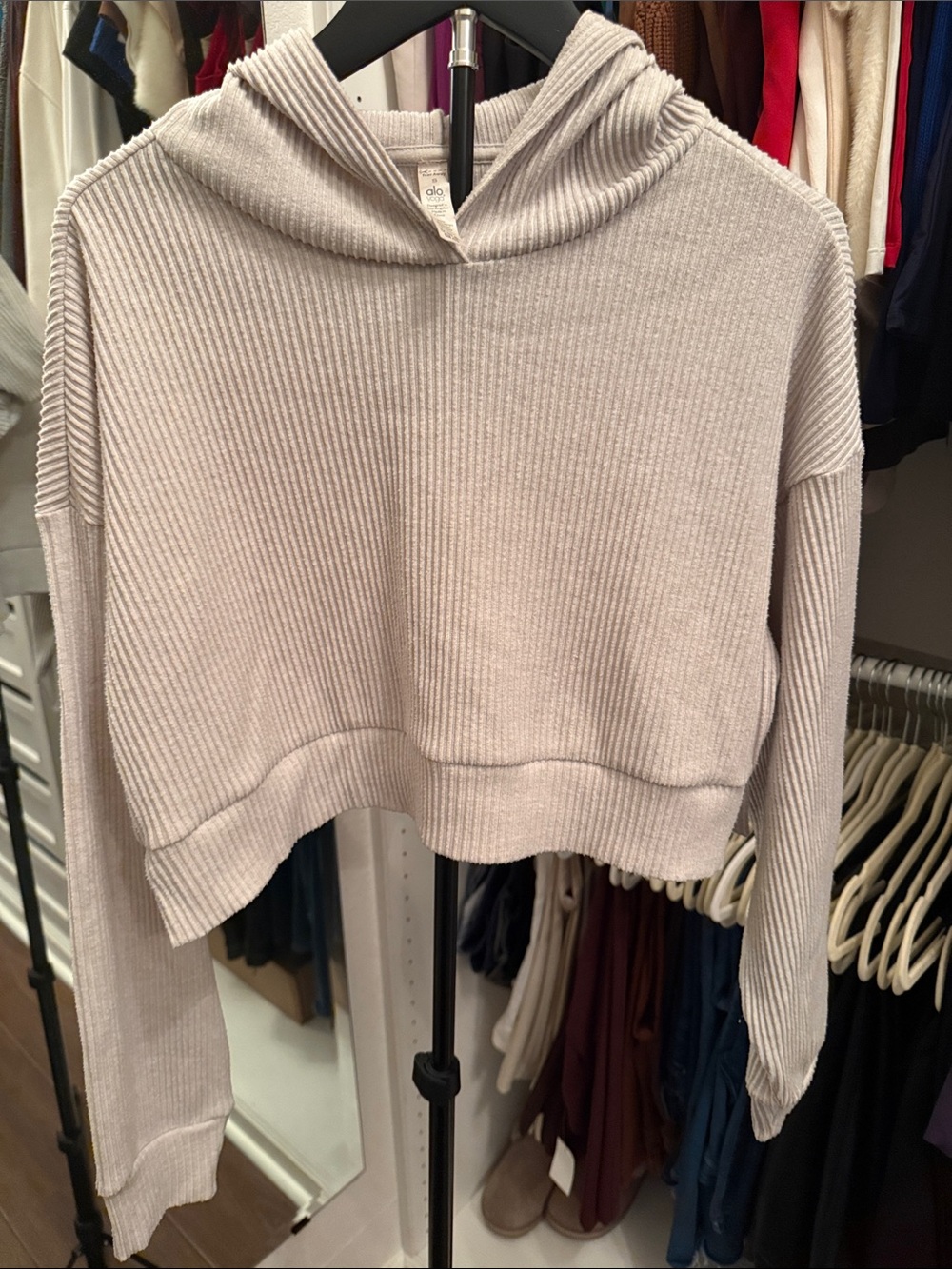 ALO Yoga Muse Cropped Ribbed Hoodie Sweater in Light Beige